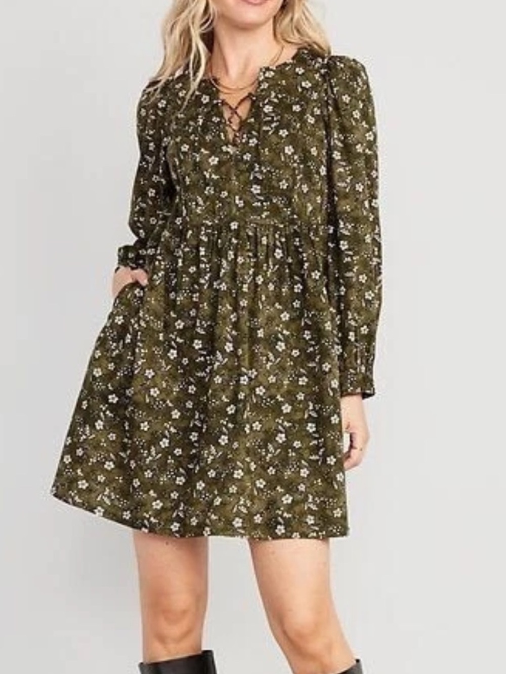 Old Navy Long Sleeve Boho Spirit Dark Green Floral Mini Peasant Dress Medium